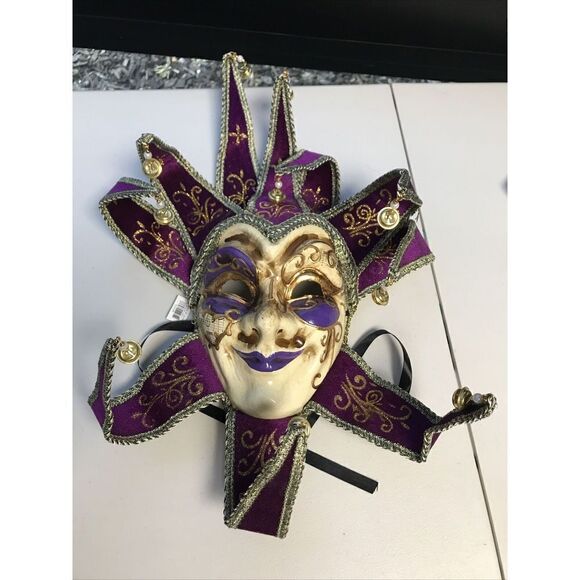 Mask Jester Gold Purple Carnival Tie Back Adjustable Wall Mounting paper Mache - Picture 1 of 7